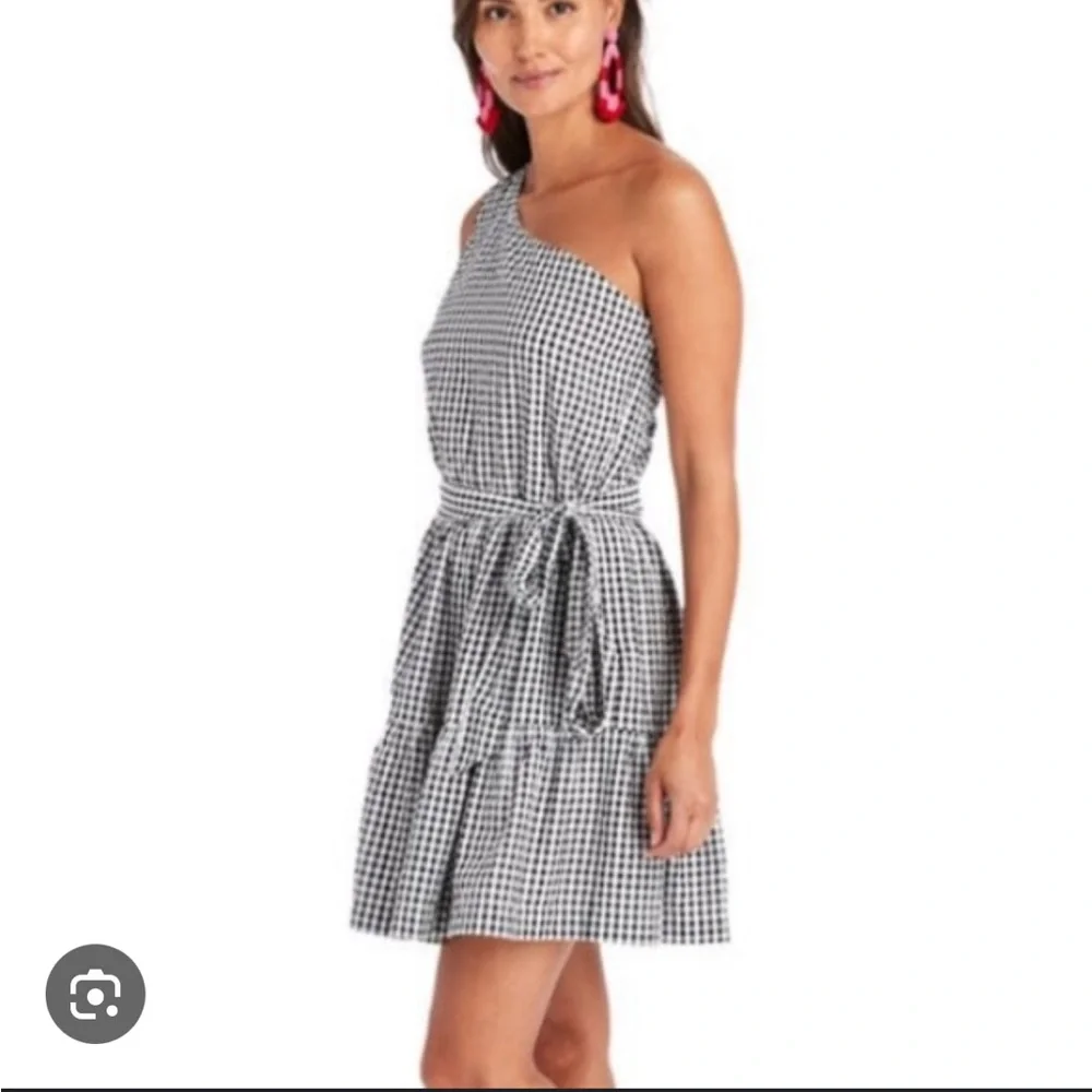 NEW Vineyard Vines Gingham Seersucker One-Shoulder A-Line Belted Dress 4 Plaid - Picture 3 of 13